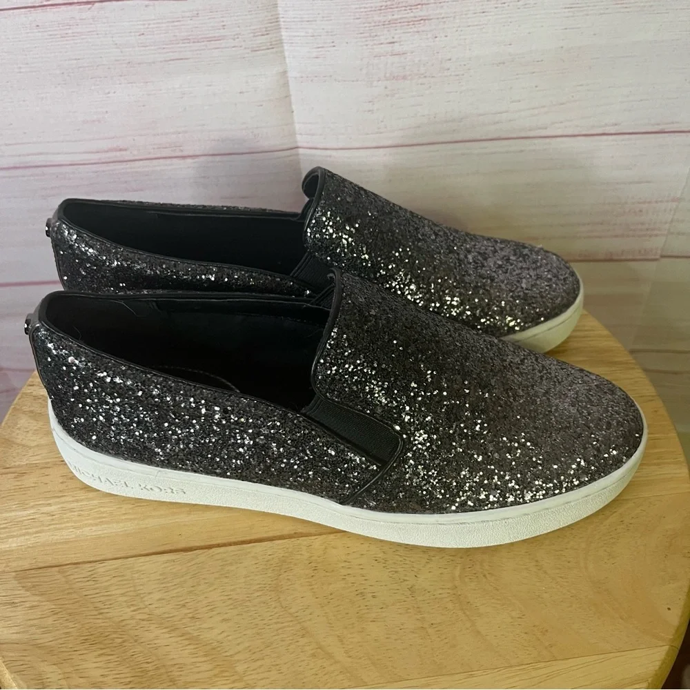 Michael Kors Keaton Black Silver Glitter Metallic Slip On Sneakers Size 7‎
